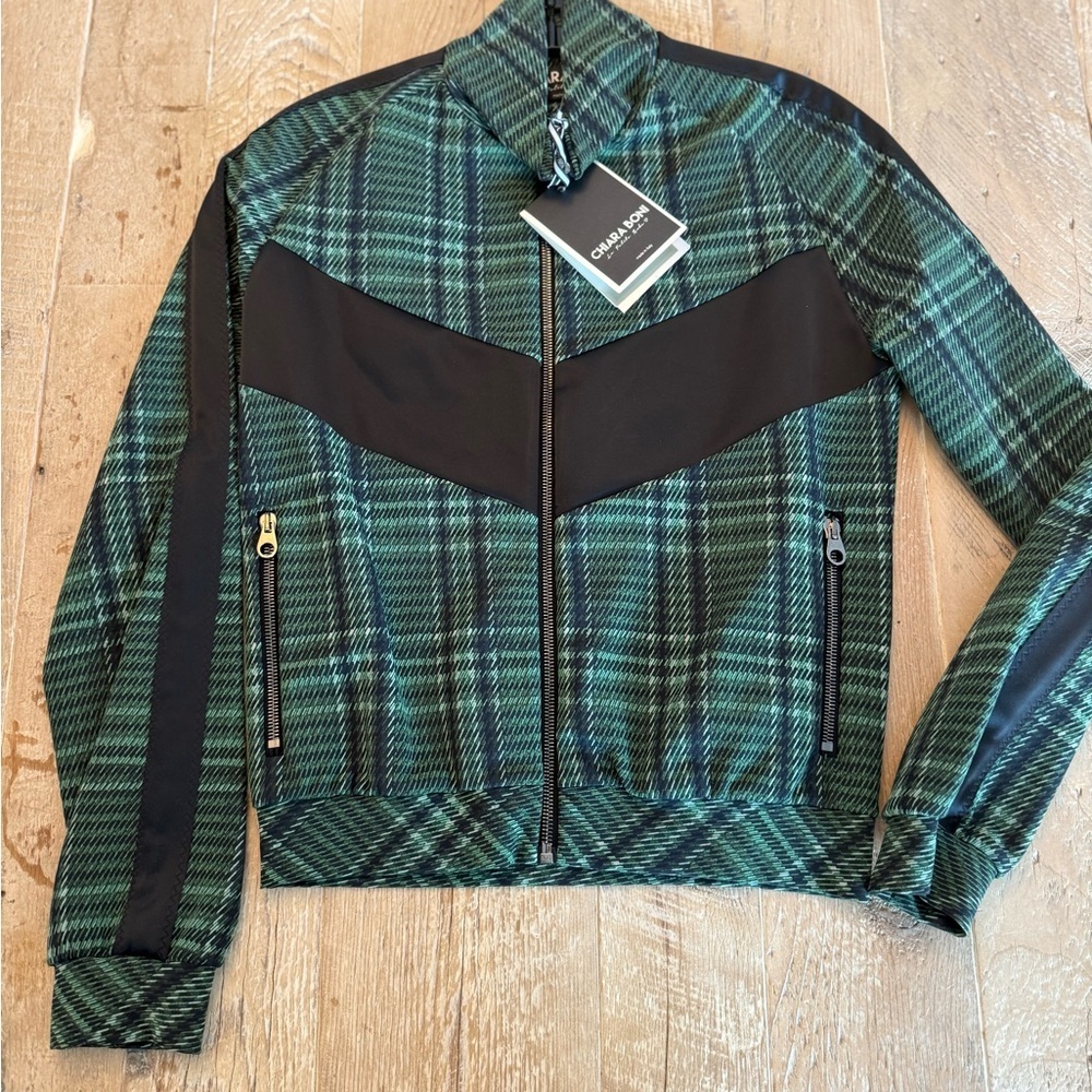 Chiara Boni Utaki Green Plaid Zip-Front Track Jacket Black Accent NWT Size 0 - Picture 6 of 14